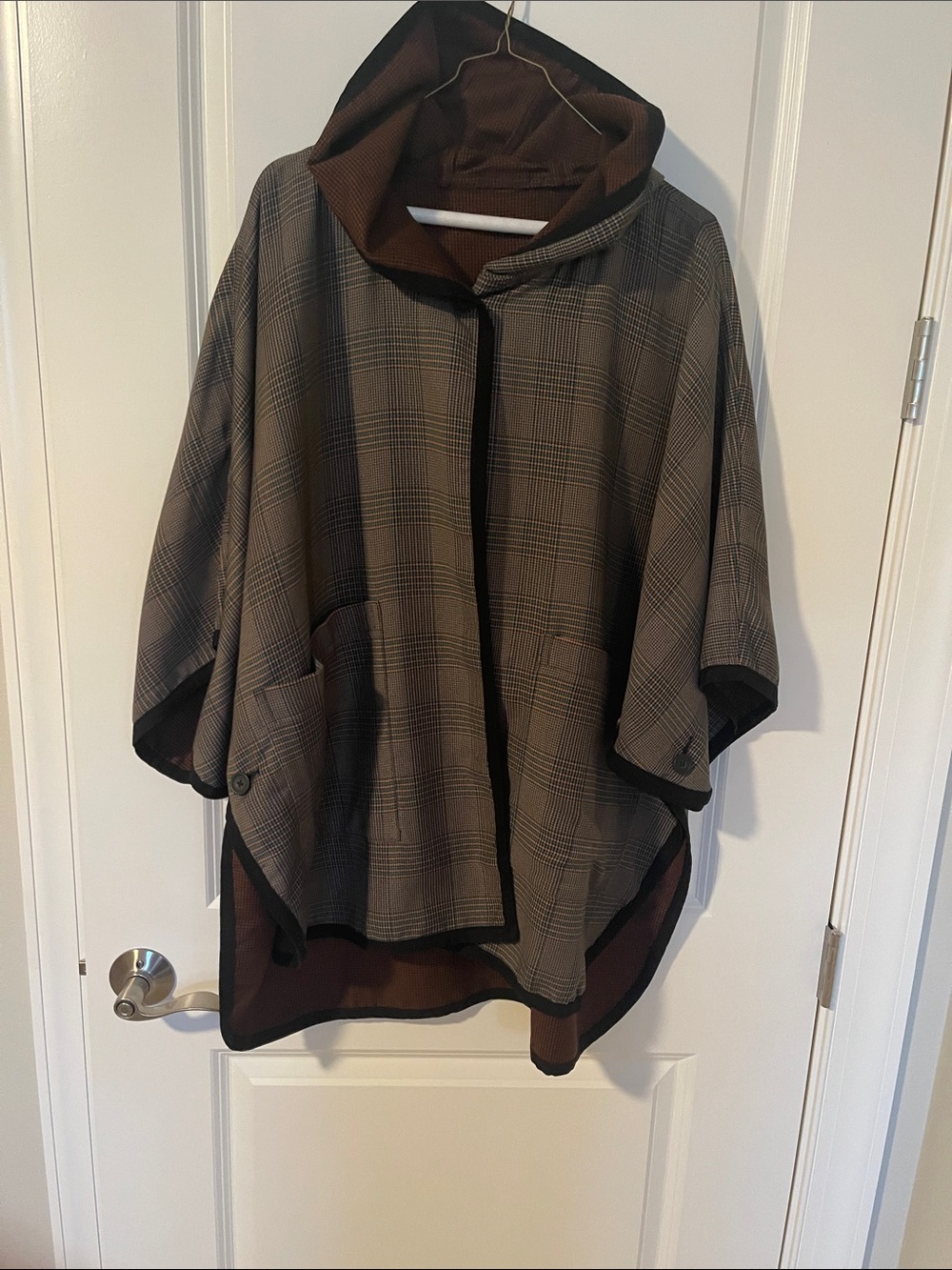 CAbi Brown Plaid Hooded Poncho Shrug